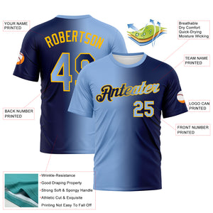 Custom Navy Light Blue-Gold Gradient Fashion Performance T-Shirt