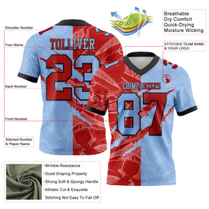 Custom Light Blue Red-Black Mesh Authentic Gradient Fashion Scratch Football Jersey