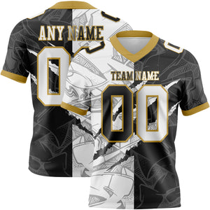 Custom Black White-Old Gold Mesh Authentic Gradient Fashion Scratch Football Jersey