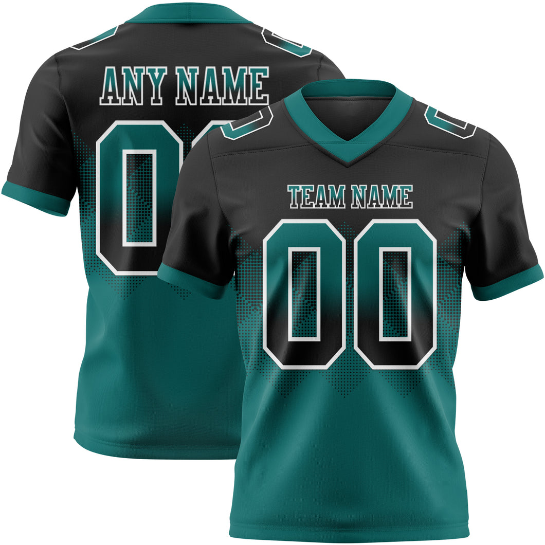 Custom Black Teal-White Mesh Authentic Gradient Square Shape Flag Football Jersey