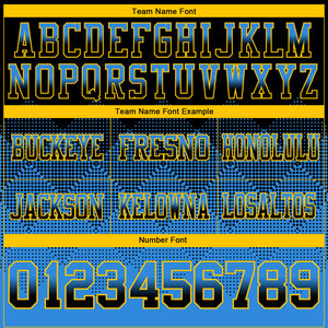 Custom Black Powder Blue-Yellow Mesh Authentic Gradient Square Shape Flag Football Jersey