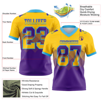 Custom Yellow Purple-Sky Blue Mesh Authentic Gradient Square Shape Flag Football Jersey