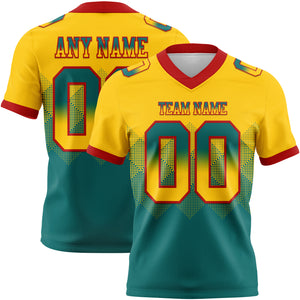 Custom Yellow Teal-Red Mesh Authentic Gradient Square Shape Flag Football Jersey