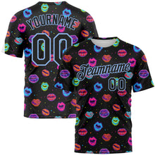 Load image into Gallery viewer, Custom Graffiti Pattern Black-Light Blue 3D Dots And Kiss Lips Performance T-Shirt
