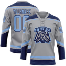 Load image into Gallery viewer, Custom Gray Light Blue-Navy Hockey Lace Neck Jersey

