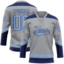 Load image into Gallery viewer, Custom Gray Light Blue-Navy Hockey Lace Neck Jersey
