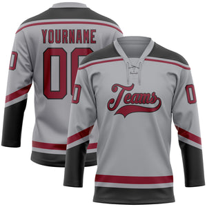 Custom Gray Crimson-Black Hockey Lace Neck Jersey