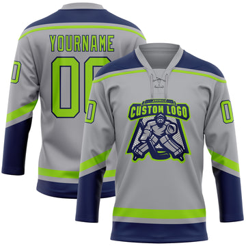 Custom Gray Neon Green-Navy Hockey Lace Neck Jersey