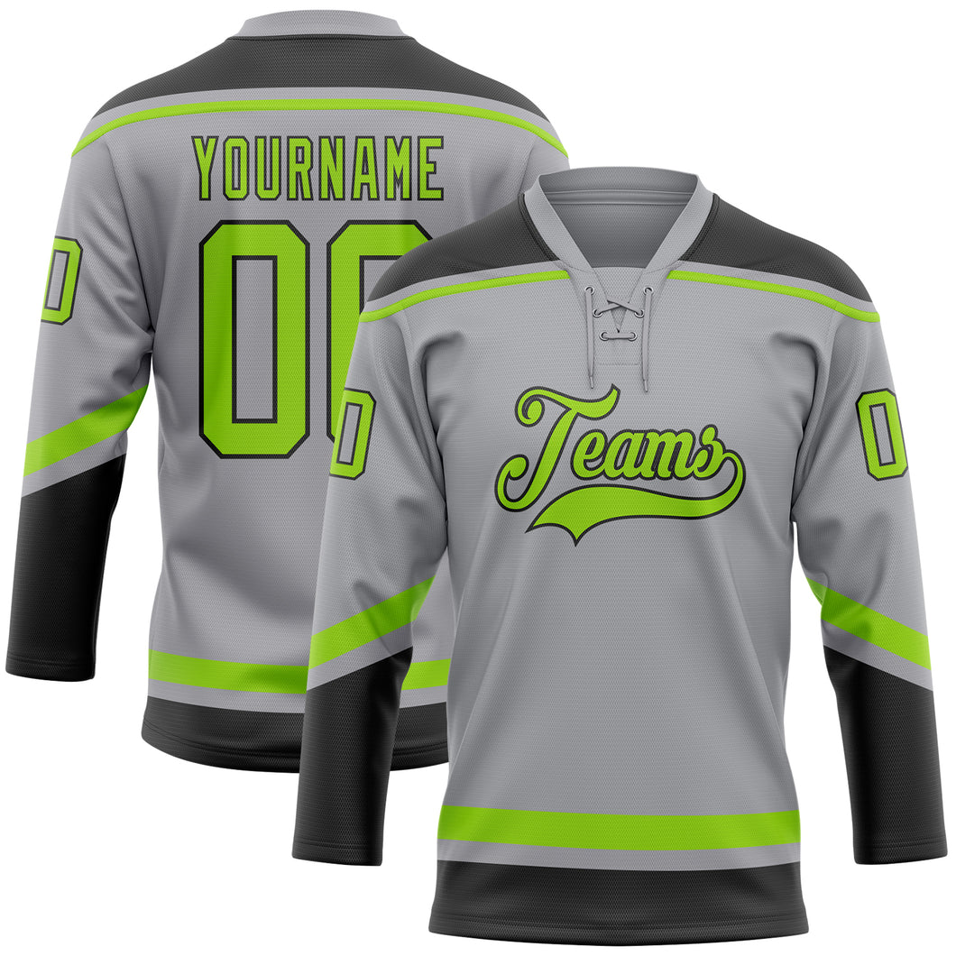 Custom Gray Neon Green-Black Hockey Lace Neck Jersey