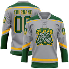 Load image into Gallery viewer, Custom Gray Green-Gold Hockey Lace Neck Jersey
