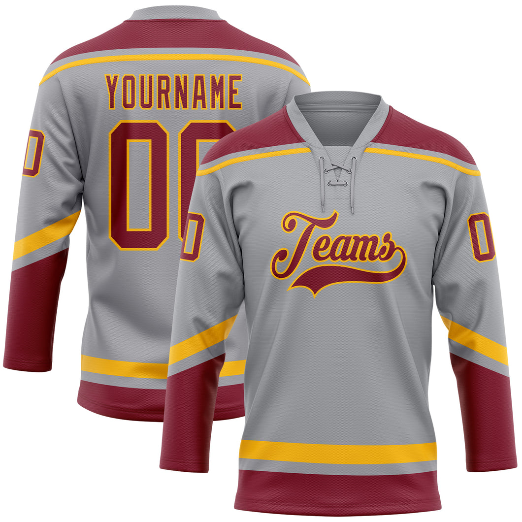 Custom Gray Crimson-Gold Hockey Lace Neck Jersey