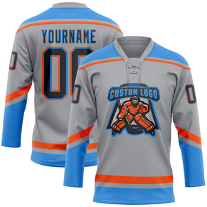 Custom Gray Black Electric Blue-Orange Hockey Lace Neck Jersey