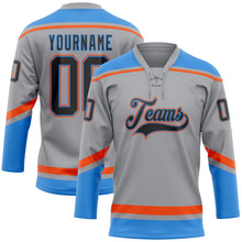 Load image into Gallery viewer, Custom Gray Black Electric Blue-Orange Hockey Lace Neck Jersey
