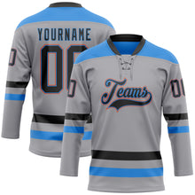 Load image into Gallery viewer, Custom Gray Black Powder Blue-Orange Hockey Lace Neck Jersey

