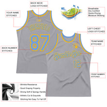 Load image into Gallery viewer, Custom Gray Light Blue-Gold Authentic Throwback Basketball Jersey
