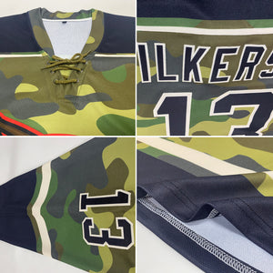 Custom Camo Black-Cream Salute To Service Hockey Lace Neck Jersey