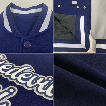 Custom Navy White-Gray Bomber Full-Snap Varsity Letterman Two Tone Jacket