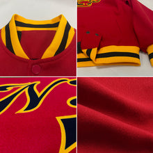 Load image into Gallery viewer, Custom Red Black-Gold Bomber Full-Snap Varsity Letterman Jacket
