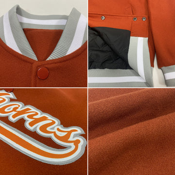 Custom Texas Orange Texas Orange Gray-White Bomber Full-Snap Varsity Letterman Jacket