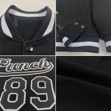 Load image into Gallery viewer, Custom Black Black-White Bomber Full-Snap Varsity Letterman Jacket
