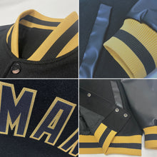 Load image into Gallery viewer, Custom Black Black-Old Gold Bomber Full-Snap Varsity Letterman Jacket
