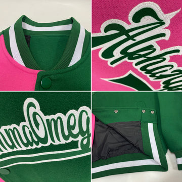Custom Kelly Green Pink-White Bomber Full-Snap Varsity Letterman Split Fashion Jacket