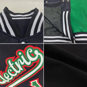 Custom Black Kelly Green-Red Mexico 3D Bomber Full-Snap Varsity Letterman Two Tone Jacket