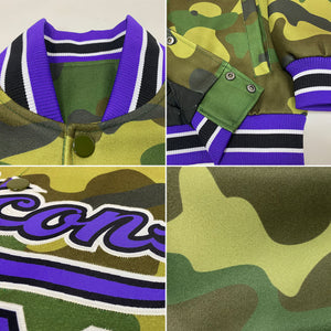 Custom Camo Purple-Black Bomber Full-Snap Varsity Letterman Salute To Service Jacket