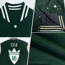 Load image into Gallery viewer, Custom Green Cream Bomber Full-Snap Varsity Letterman Two Tone Jacket
