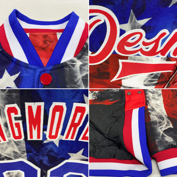 Custom White Royal-Red American Flag Fashion 3D Bomber Full-Snap Varsity Letterman Jacket