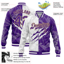 Load image into Gallery viewer, Custom Graffiti Pattern Purple-Old Gold Scratch 3D Bomber Full-Snap Varsity Letterman Jacket
