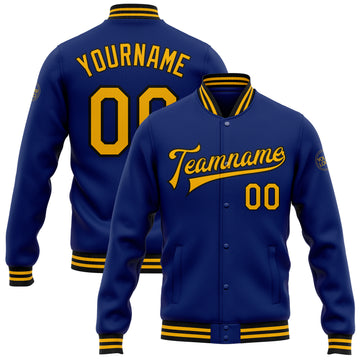 Custom Royal Gold-Black Bomber Full-Snap Varsity Letterman Jacket