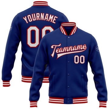 Custom Royal White-Red Bomber Full-Snap Varsity Letterman Jacket