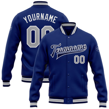 Custom Royal Gray-Navy Bomber Full-Snap Varsity Letterman Jacket