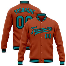 Load image into Gallery viewer, Custom Texas Orange Teal-Black Bomber Full-Snap Varsity Letterman Jacket
