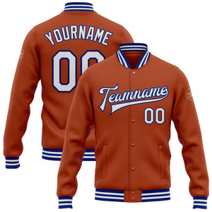 Custom Texas Orange White-Royal Bomber Full-Snap Varsity Letterman Jacket