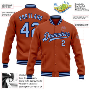 Custom Texas Orange Light Blue-Navy Bomber Full-Snap Varsity Letterman Jacket