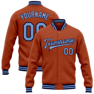 Custom Texas Orange Light Blue-Navy Bomber Full-Snap Varsity Letterman Jacket