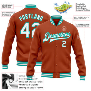 Custom Texas Orange White-Aqua Bomber Full-Snap Varsity Letterman Jacket