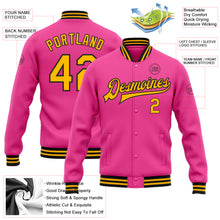 Load image into Gallery viewer, Custom Pink Gold-Black Bomber Full-Snap Varsity Letterman Jacket
