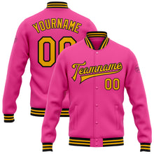 Load image into Gallery viewer, Custom Pink Gold-Black Bomber Full-Snap Varsity Letterman Jacket
