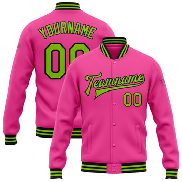 Custom Pink Neon Green-Black Bomber Full-Snap Varsity Letterman Jacket