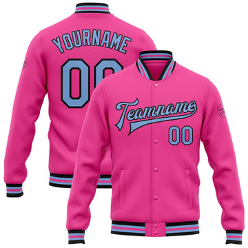 Custom Pink Light Blue-Black Bomber Full-Snap Varsity Letterman Jacket