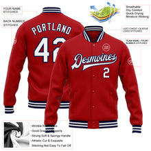 Load image into Gallery viewer, Custom Red White-Navy Bomber Full-Snap Varsity Letterman Jacket
