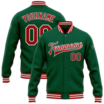 Custom Kelly Green Red-White Bomber Full-Snap Varsity Letterman Jacket