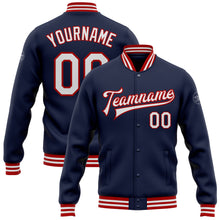 Load image into Gallery viewer, Custom Navy White-Red Bomber Full-Snap Varsity Letterman Jacket
