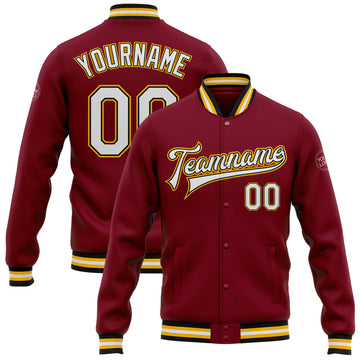 Custom Crimson White Black-Gold Bomber Full-Snap Varsity Letterman Jacket