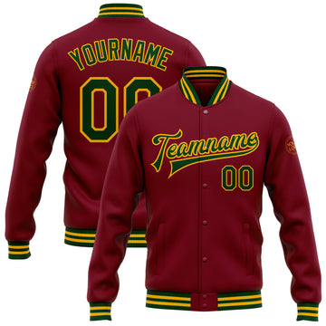 Custom Crimson Green-Gold Bomber Full-Snap Varsity Letterman Jacket