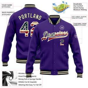 Custom Purple Vintage USA Flag Cream-Black Bomber Full-Snap Varsity Letterman Jacket