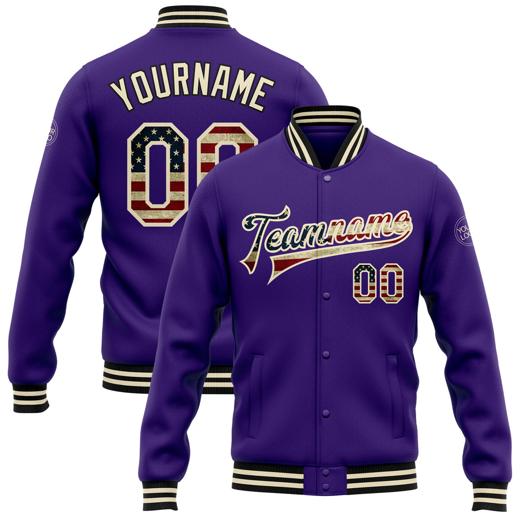 Custom Purple Vintage USA Flag Cream-Black Bomber Full-Snap Varsity Letterman Jacket